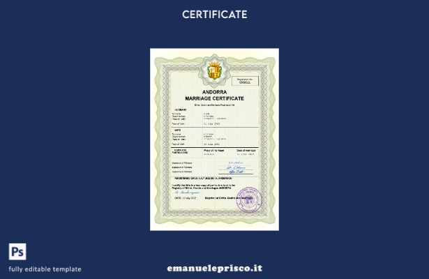 certificato di matrimonio di Andorra in stile verificato modello Word e PDF